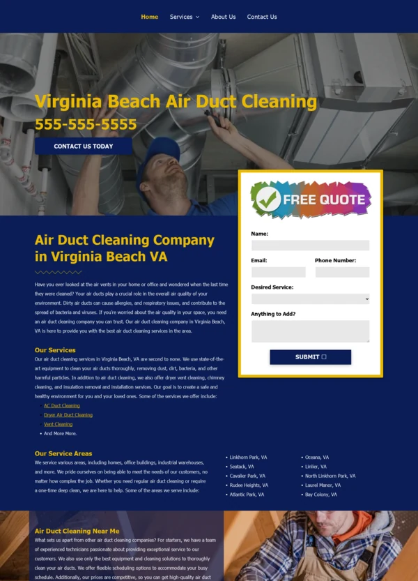 Air-duct cleaning website example supplied by the SitePanda team