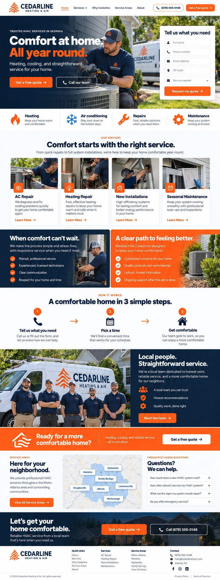 Cedarline Heating and Air website design preview with a quote form and local HVAC services
