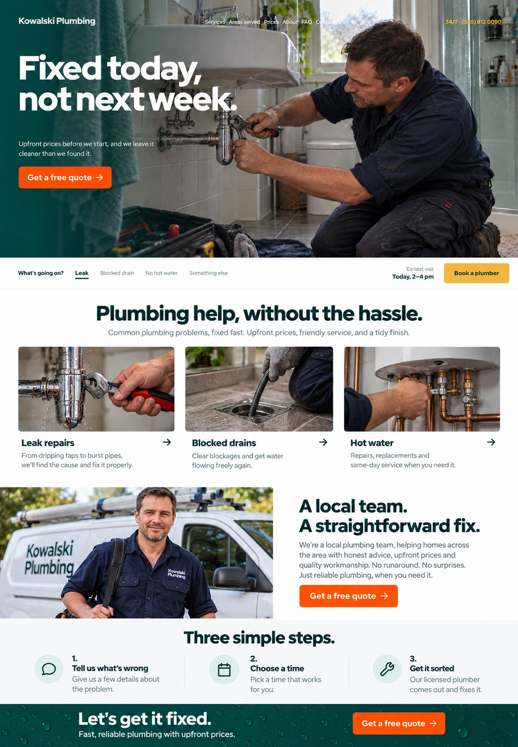 Kowalski Plumbing full-page website design with a male plumber, service cards and booking calls to action