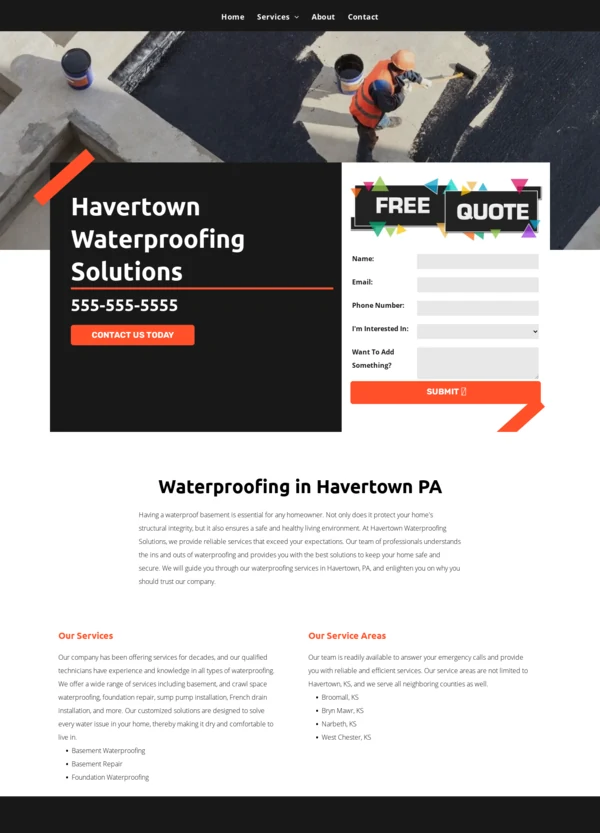 Waterproofing website example supplied by the SitePanda team